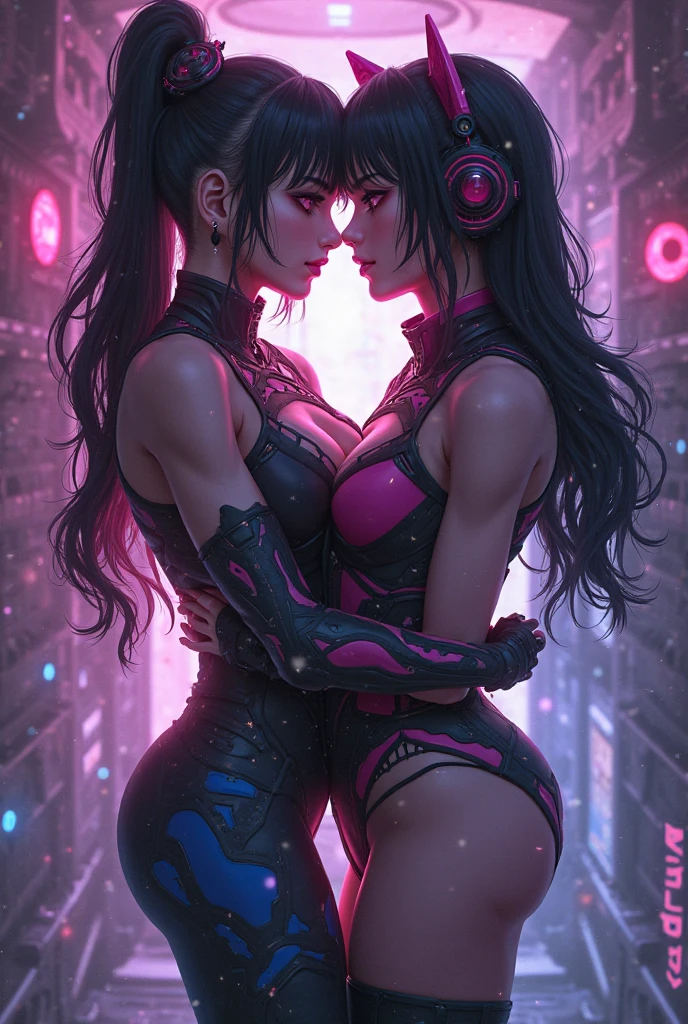 ((2girl,yuri)),Very detailed,High resolution,4K,8k,masterpiece,High resolution,Late Night,Cyberpunk cityscape,Vibrant neon glow,Cyber ninja holding a princess