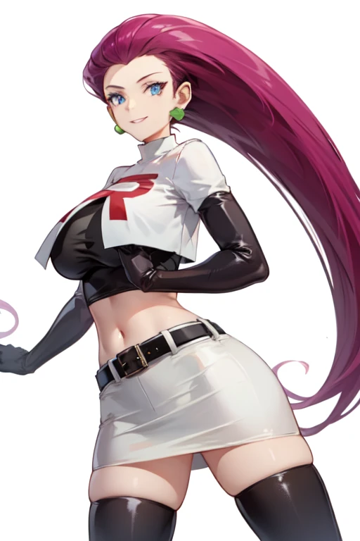 jessie pokemon, solo, team rocket, gloves, hair slicked back, long hair, jewelry, skirt, navel, thighhighs, earrings, elbow gloves, team rocket uniform, crop top, blue eyes, midriff, white background, belt, black gloves, very long hair, simple background, smile, black thighhighs, purple hair, looking at viewer, breasts, white skirt, miniskirt, blushing face, curvy body, large breasts, suggestive face