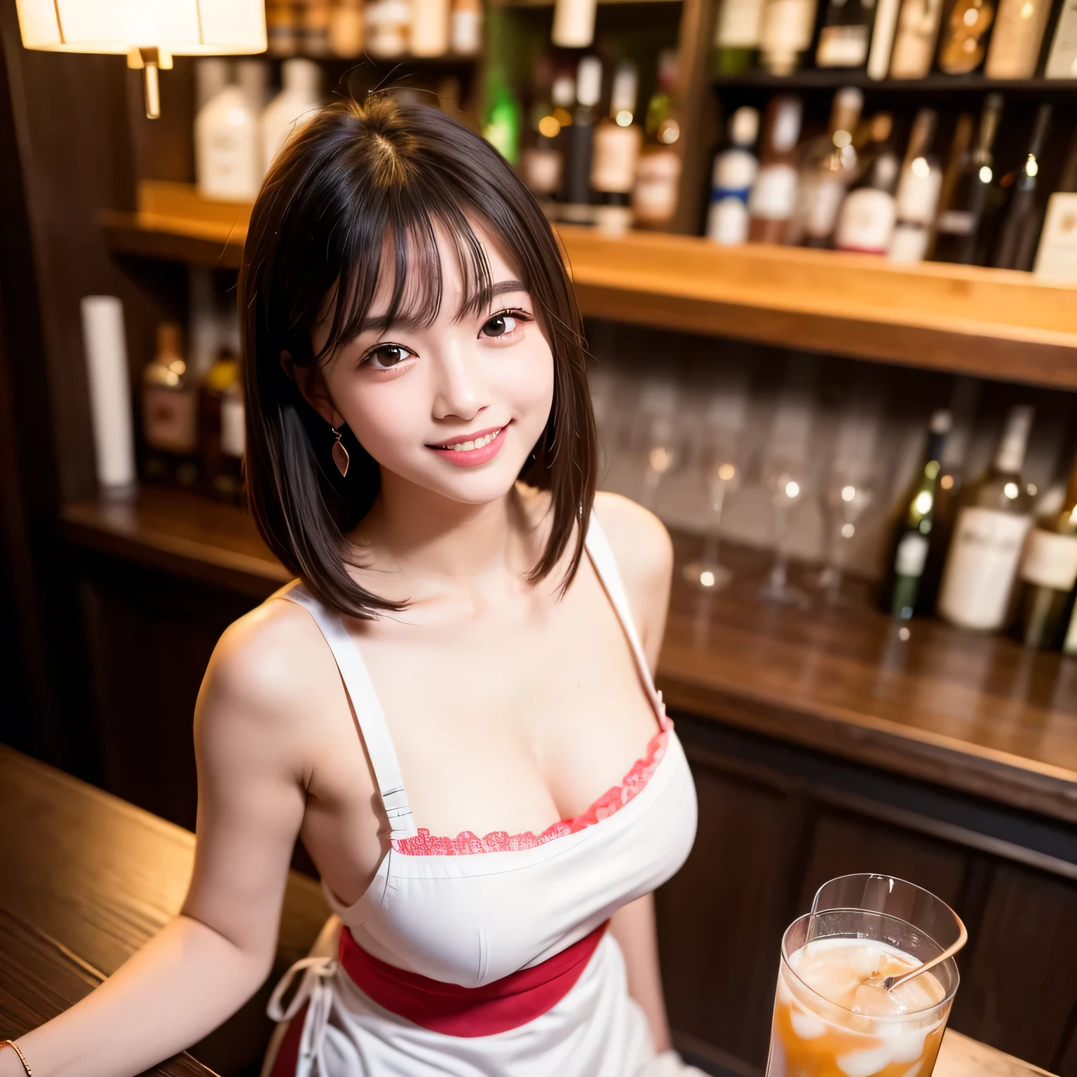 masutepiece, Best Quality, Illustration, Ultra-detailed, finely detail, hight resolution, 8K Wallpaper, Perfect dynamic composition, Beautiful detailed eyes, White Kimono,Bob Hair, mid-chest, Natural Color Lip, Random and sexy poses,Smile,20 years girl　Colossal tits、nightclub、White sheer body stockings、