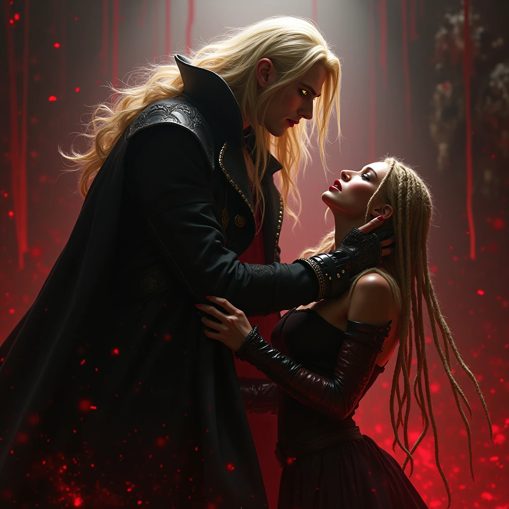 Evil Couple, after fight, blood everywhere, Tired, Ripped clothes, damaged armor, Evil, glowing red eyes, Smirk, in the battlefield, Arab features, scar on eyes, Messed up hair, a Targaryen and a Lannister, Jaime Lannister and Daenerys Targaryen, Crowns