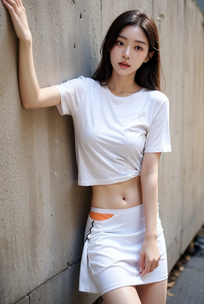 Best quality, RAW photos, super high resolution, shooting from the side, bright silver hair, bright gray hair, popping smile, one corner of mouth raised, 16 year old Korean, very big round breasts, cleavage, cropped t-shirt, running clothes, training clothes, running shorts, fair skin, shiny white skin, short bob, beautifully matched bangs, beautiful eyes of random colors, very thin lips, beautiful eyes in every detail, elongated eyes, pale pink cheeks, long eyelashes, beautiful double eyelids, eyeshadow, beautiful thin legs, beautiful feet, beautiful navel, beautiful abs, beautiful ribs, beautiful constrictions, beautiful hip line, necklaces, earrings, hair accessories, night park, night stairs, concrete walls, leaning against the wall, holding a towel in hand, Holding a cloth in hand