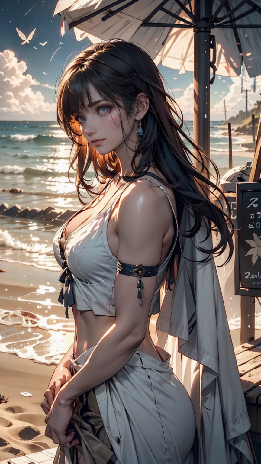 girl, black long hair, big blue eyes, body completely wet and sweating, boy is dripping, body is very wet, body is sweating, almost nude, wet clothes, see through clothes, in a beach, flowing dress, laying on the ground, back to the ground, , flat chest, camera from above, whole body shown, girl looking at the camera, hot pose