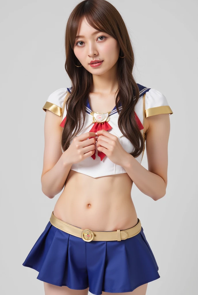 (8K、Raw photography、highest quality、masterpiece:1.2),(black haired、very short hair:1.7),show viewer,Looking at the front,erotic,(super sentai series、precure series costumes:1.6)、(Clothing that emphasizes the shape of your chest:1.4)、(big breasts :1.4)、slim body shape、ultra high resolution,beautiful,beautiful fece,(alone, alone、no background:1.9),whole bodyボディー,Japanese女性,(Photoreal:1.37)、photon mapping,reality、(Cute with a baby face: 1.1)、(cute smile: 1.7)、(With a round face: 1.8)、(black eyes、Japanese: 1.3)、radio city、Physically based rendering、depth of field rally background、photograph, (I can see your knees,close up of thighs、skirt is short、spread your legs、showing off white panties:1.4),whole body、super fine