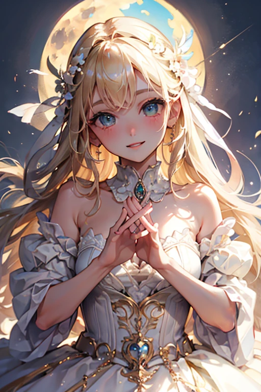 jewelry, delicate makeup, creating a soft light effect. In the style of anime and fantasy art, crystal, delicately drawn, gentle, peaceful, dreamy, soft, pastel tones, golden stars decorate her eyelids, light coloring, goddess, curl, White eyes, White eyebrows, White eyelashes, chaste, Fantasy, A girl with long white boho waves hair, in an elegant dress., rainbow, shining, forehead, chiffon, Greek style, corona, universe, curls, galaxy, Halo, Photosphere