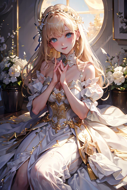 Artistic AI Art Galaxy(masterpiece:1.2, Highest quality), (Beautiful, detailed eyes: 1.2), High resolution, (Beautifully detailed face), (One girl:1.2), Blake: A figure in a red and white dress with gold trim.、Standing in front of a window with red curtains and gold ornaments。. The dress is gorgeous and sophisticated., Multi-layer structure. This character has long, flowing hair with flowers, Wearing gloves. She has a noble and delicate character.. The light coming in through the window creates a fantastic atmosphere., The curtains and windows are carefully painted.. It's a warm image.