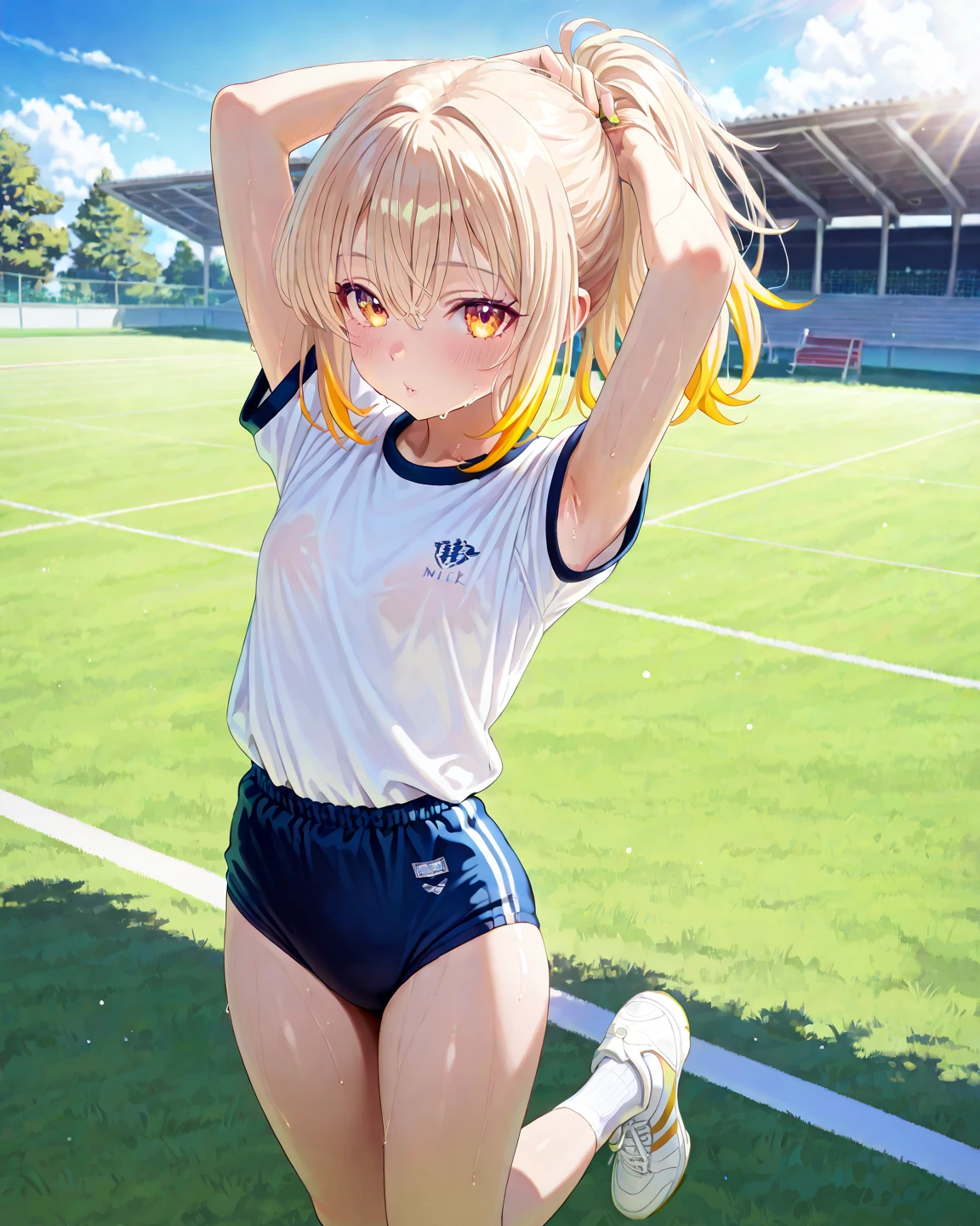 masterpiece, best quality, lineart, anime screencap, sketch, (1girl), (blonde hair, ponytail, bangs, hair swaying from the wind:1.3), (blue eyes, bright pupils, sparkling eyes:1.15), (wearing track uniform, black track uniform, tight clothes, running shoes:1.4), (midriff, toned arms, toned legs:1.3), solo, (focused, crouch start, doing the crouch start:1.4), light particles, scenery, outdoors, (track field), clear skies, sunny skies, white clouds, bokeh, ambient lighting, vibrant colors, blurry background, 200mm lens,