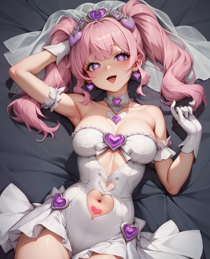 女の子1人、encrusted with pink and red hearts、、Too large breasts、cleavage of the breast、Dress with plenty of pink heart lace.、Large ribbon、lace cape、Lace veil、Eyes of Hearts、Her pale, Soft, Long hair studded with pale hearts..、A smile、Navel Ejection、pink hearts and frills、Princess Heartluffy cute background、pale heart、Pastel tones、Collect hearts under the sunlight、heart girl