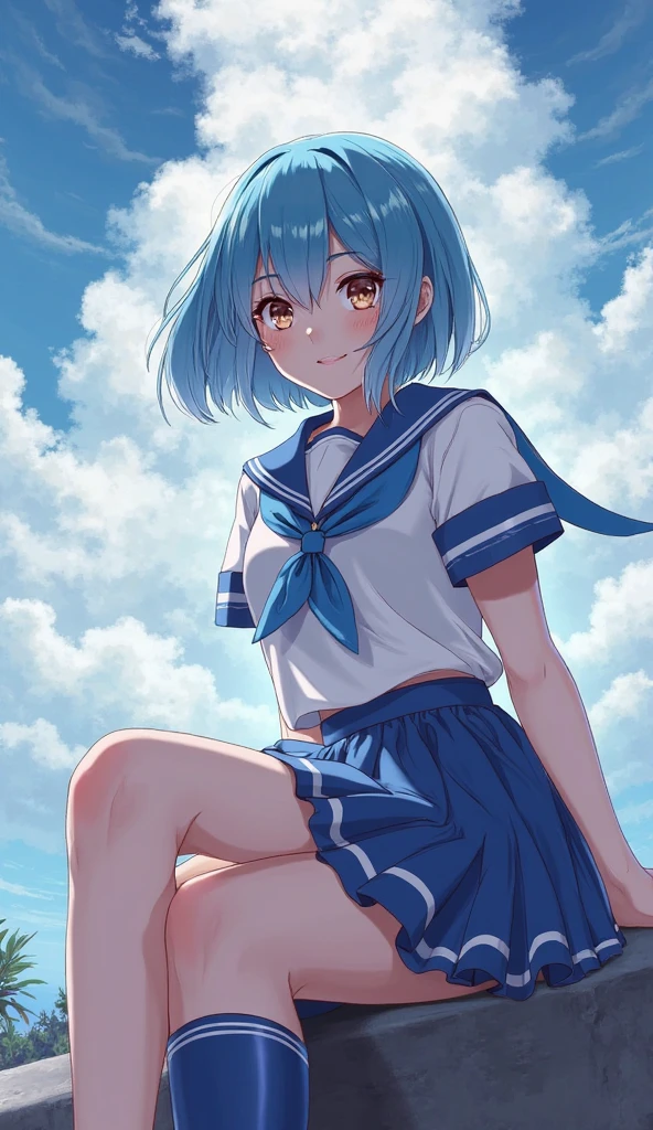 Highest quality,16K,Unbelievably absurd,Very delicate,2.5d,delicate and dynamic,blue sky,Small face,Very delicateな表情,Delicate eye depiction,Upper body close-up,Only sexy women,Healthy woman,16-year-old female,Sailor suit,Height: 160cm,Light blue bob hair,Sexy long legs,mini skirt
