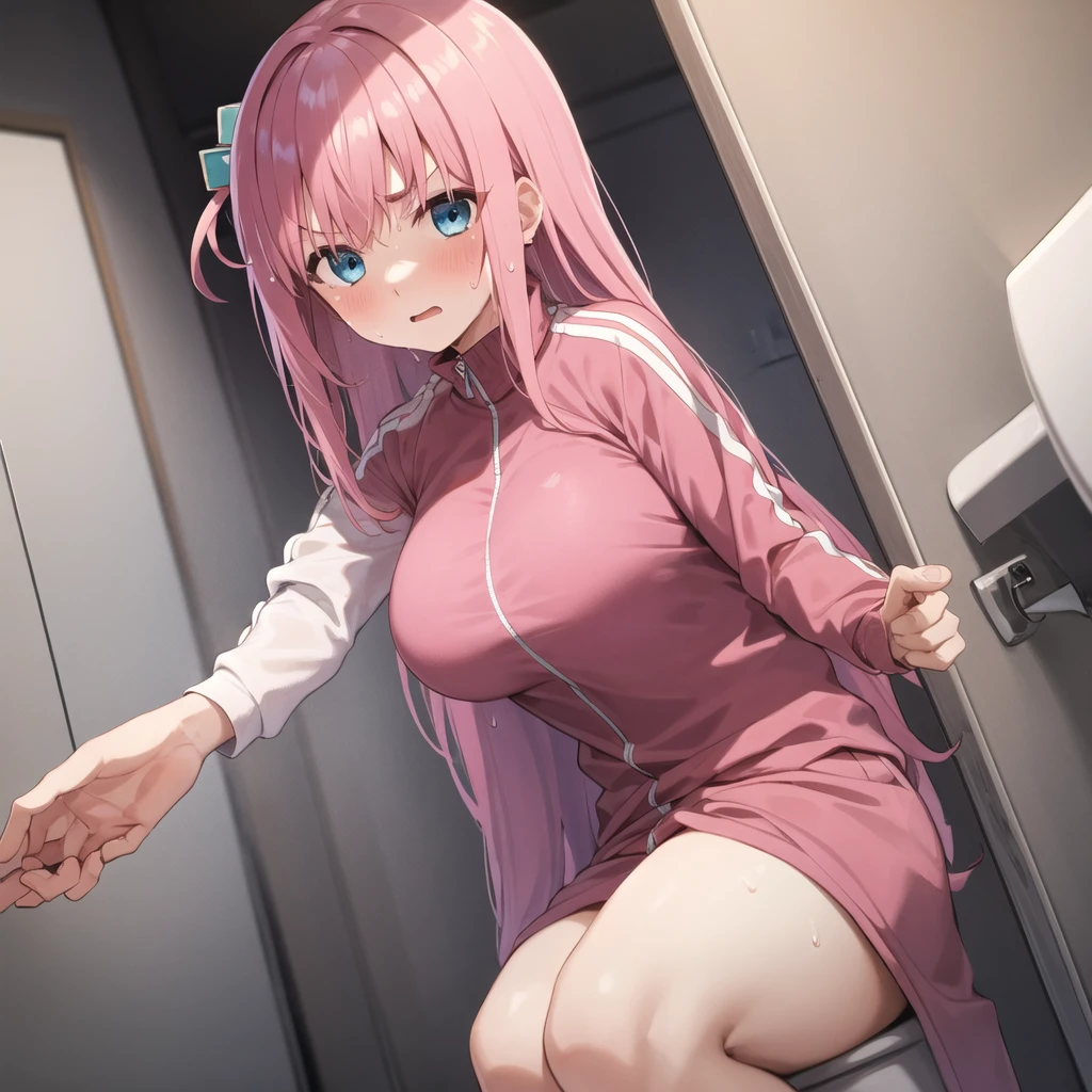 ((masterpiece, best quality)), high resolution,ultra detailed,8k,16k,detailed background, perfect lighting, detailed beautiful eyes,(1girl,solo),look at viewer,steam,sweat,in heat,embarrassed,blush,(close up pussy),(pov:1.4),(show off pussy:1.2),(from front:1.3),(from above:1),confused,open mouth,waby mouth,tear,(sitting,peeing in toilet:1.2),,slender,fair skin,small breast,sagiri_izumi,pink ribbon,on cutebed