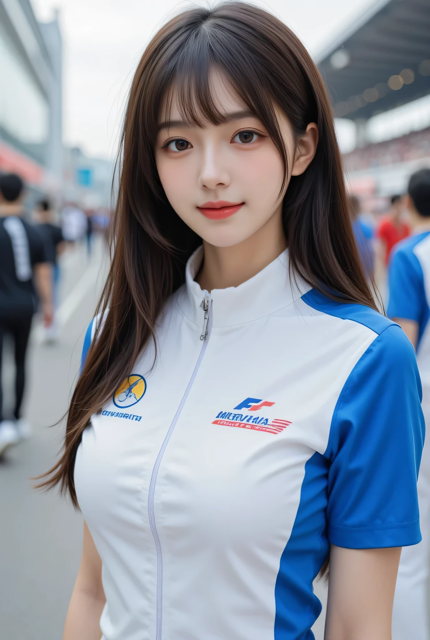 firm , in portrait composition. The jacket fits her figure perfectly, but, surrounded by a busy crowd, Colorful banners, smooth skin and bright ocean blue eyes.  Figure, her head is fully visible、while being clear Soft shadows, {{x}} on the edge. Ultra high resolution 8K CG illustration of a Japanese anime-style girl drawn in a.  she clearly , large digital sponsor display, with long grey-brown hair that wafts in the wind、feels confident at the F1 race venue under a clear blue sky I'm standing holding it。. She's wearing a bold white and blue fitted race queen uniform, She consists of a short-sleeved zip-up jacket with a stand-up collar that is framed symmetrically in both vertical and horizontal directions, structured seams, 、The energetic vibe of a professional racing event. accentuates the anime-style proportions、and. fit perfectly within the boundaries of the image、has subtle reflections,  swings in the wind. vibrant character design, The sponsor logo is printed on the  and sleeves. looks practical and sporty, and the smooth frame。her skirt is a short pleated mini. with shelves full of books, There are tiered stadium seats full of spectators. The lighting is bright and clean, and professional racing fashion, car surface and uniform. on the racetrack stage in the background、adds a touch of racing utility。, black gloves complete her outfit, and the sunlit architecture has a realistic yet stylish finish that exudes a sophisticated vibe。of a nearby race car fits perfectly into the center of the frame Magi. 。The overall scene is rendered in high-definition animated CG style, Smooth Gradients, bright colors, Avoid cutting、confident posture that conveys enthusiasm and charm, dynamic settings, she smiles brightly and naturally.