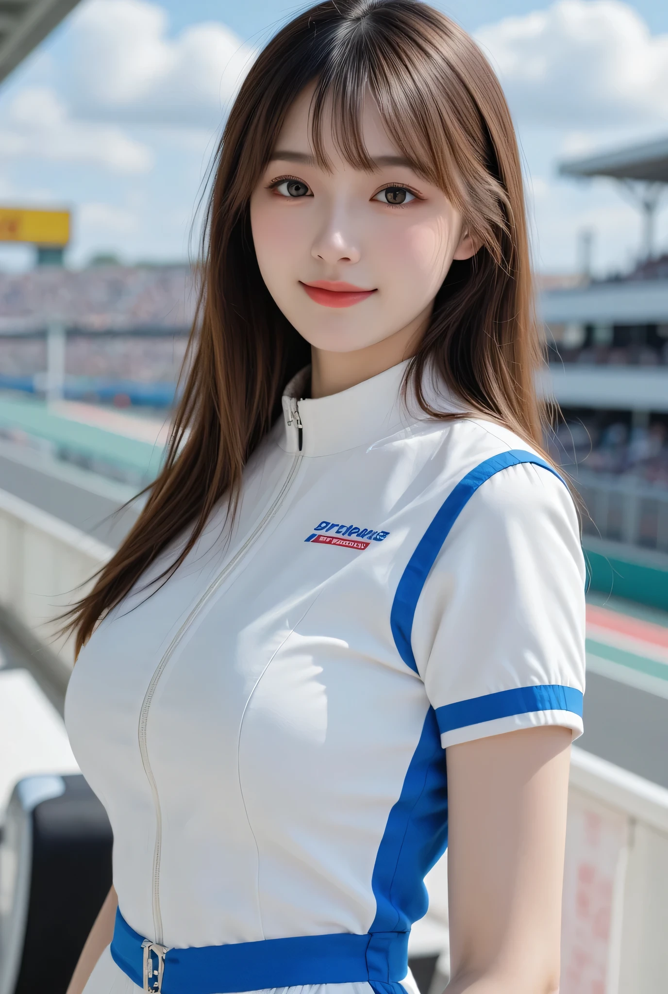 firm , in portrait composition. The jacket fits her figure perfectly, but, surrounded by a busy crowd, Colorful banners, smooth skin and bright ocean blue eyes.  Figure, her head is fully visible、while being clear Soft shadows, {{x}} on the edge. Ultra high resolution 8K CG illustration of a Japanese anime-style girl drawn in a.  she clearly , large digital sponsor display, with long grey-brown hair that wafts in the wind、feels confident at the F1 race venue under a clear blue sky I'm standing holding it。. She's wearing a bold white and blue fitted race queen uniform, She consists of a short-sleeved zip-up jacket with a stand-up collar that is framed symmetrically in both vertical and horizontal directions, structured seams, 、The energetic vibe of a professional racing event. accentuates the anime-style proportions、and. fit perfectly within the boundaries of the image、has subtle reflections,  swings in the wind. vibrant character design, The sponsor logo is printed on the  and sleeves. looks practical and sporty, and the smooth frame。her skirt is a short pleated mini. with shelves full of books, There are tiered stadium seats full of spectators. The lighting is bright and clean, and professional racing fashion, car surface and uniform. on the racetrack stage in the background、adds a touch of racing utility。, black gloves complete her outfit, and the sunlit architecture has a realistic yet stylish finish that exudes a sophisticated vibe。of a nearby race car fits perfectly into the center of the frame Magi. 。The overall scene is rendered in high-definition animated CG style, Smooth Gradients, bright colors, Avoid cutting、confident posture that conveys enthusiasm and charm, dynamic settings, she smiles brightly and naturally.