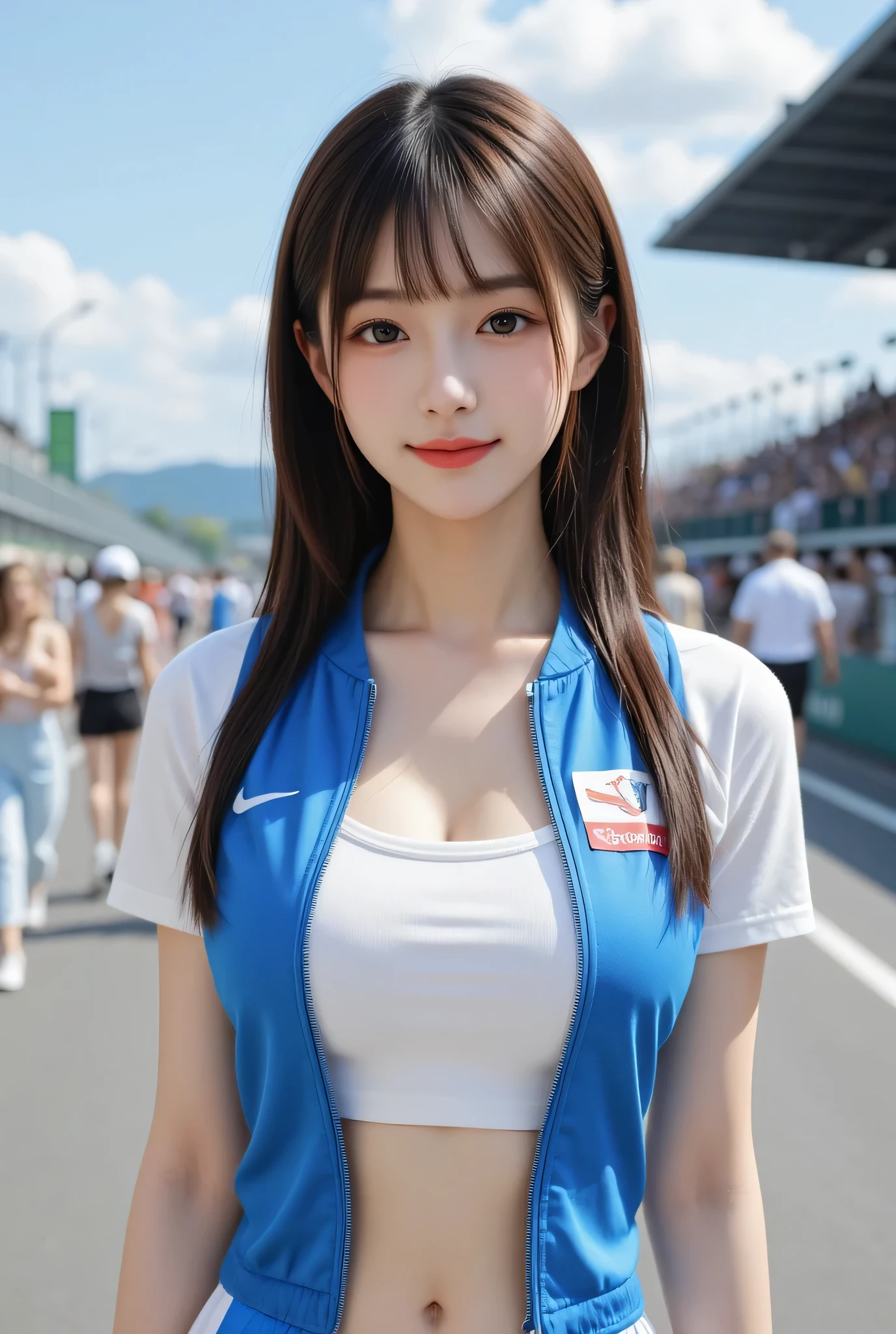 firm , in portrait composition. The jacket fits her figure perfectly, but, surrounded by a busy crowd, Colorful banners, smooth skin and bright ocean blue eyes.  Figure, her head is fully visible、while being clear Soft shadows, {{x}} on the edge. Ultra high resolution 8K CG illustration of a Japanese anime-style girl drawn in a.  she clearly , large digital sponsor display, with long grey-brown hair that wafts in the wind、feels confident at the F1 race venue under a clear blue sky I'm standing holding it。. She's wearing a bold white and blue fitted race queen uniform, She consists of a short-sleeved zip-up jacket with a stand-up collar that is framed symmetrically in both vertical and horizontal directions, structured seams, 、The energetic vibe of a professional racing event. accentuates the anime-style proportions、and. fit perfectly within the boundaries of the image、has subtle reflections,  swings in the wind. vibrant character design, The sponsor logo is printed on the  and sleeves. looks practical and sporty, and the smooth frame。her skirt is a short pleated mini. with shelves full of books, There are tiered stadium seats full of spectators. The lighting is bright and clean, and professional racing fashion, car surface and uniform. on the racetrack stage in the background、adds a touch of racing utility。, black gloves complete her outfit, and the sunlit architecture has a realistic yet stylish finish that exudes a sophisticated vibe。of a nearby race car fits perfectly into the center of the frame Magi. 。The overall scene is rendered in high-definition animated CG style, Smooth Gradients, bright colors, Avoid cutting、confident posture that conveys enthusiasm and charm, dynamic settings, she smiles brightly and naturally.