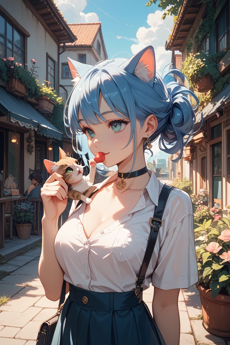 Masterpiece, beautiful art, professional artist, 8k, very detailed face, very detailed hair, very detailed clothes, 1 girl, solo, ((long straight blue hair)), (hazel eyes), ((cat ears)), beautiful face, long eyelashes, natural eyebrows, ((pink short tank top)), ((white high-waisted shorts)), standing, looking at viewer, earrings, ear piercing, large breasts, thick, cleavage, open clothes, pale skin, flirty smile, juicy lips, posing sexily, sultry eyes, ((long bangs)), ((two braids))