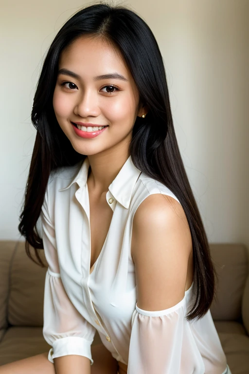 Photo of Indonesian woman, photorealistic, high quality, beautiful face, black hair, long straight hair, ultra contrast, smooth white skin, wearing a thin white t-shirt, short jeans, the most beautiful girl, downcast eyes, black smokey eye shadow, full body, very realistic. Sitting on a wooden chair and smiling sweetly, voluptuous lips, big breasts, heavy rain, on the highway