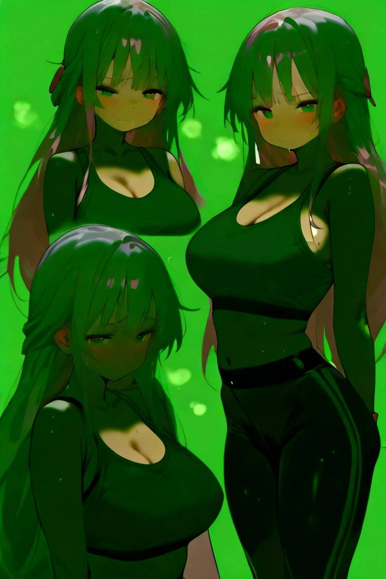 1woman, short green hair, dark green beret, perfect eyes, green eyes, serious face, black earrings, green necklace, e-girl clothing, green top with black cat print, black jacket, black fingerless gloves, blue shorts, long black stockings, green shoes, green bag, big breasts, big ass, campus background