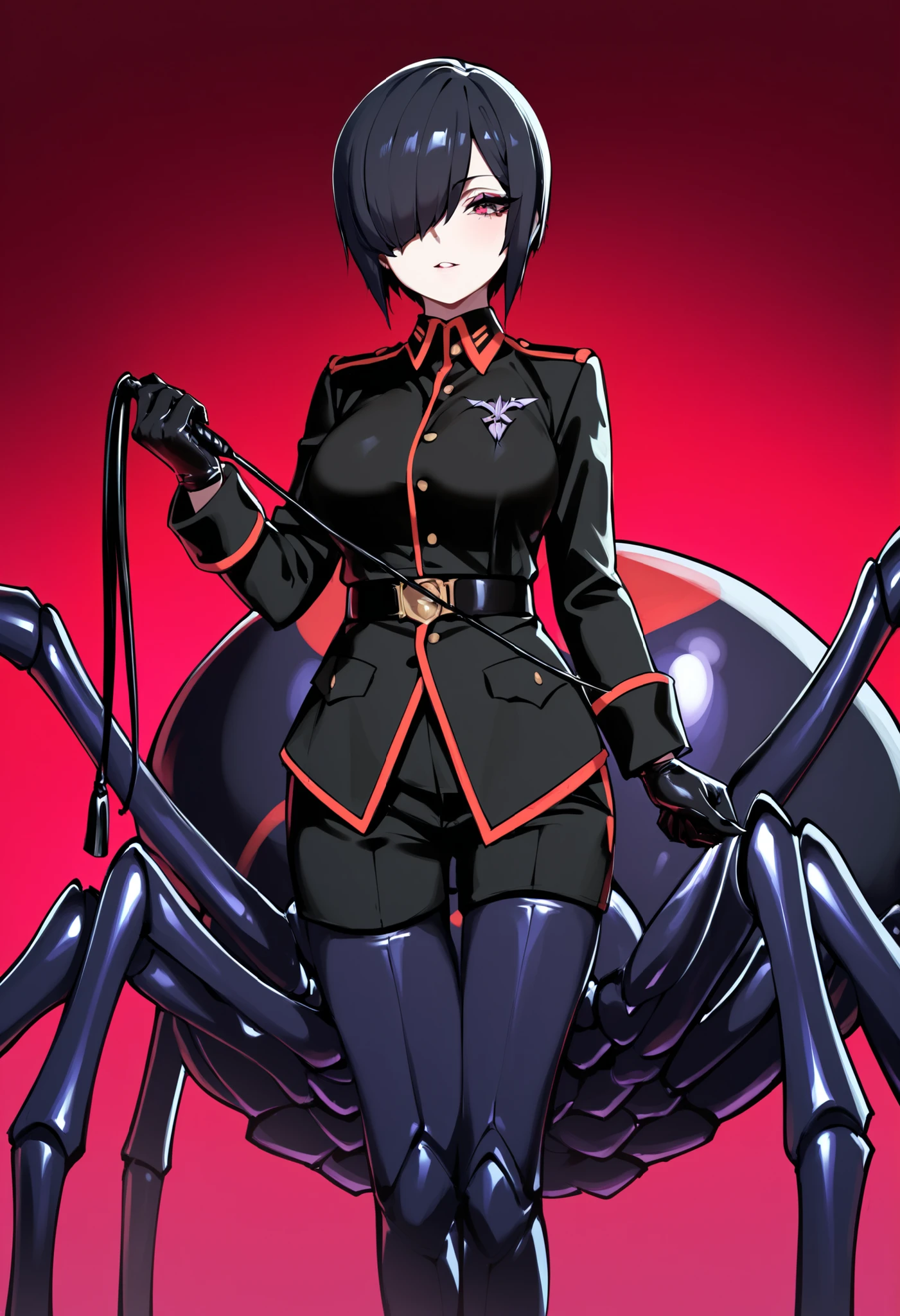 Arachne Girl. Military uniform. Black hair. Straight hair. Short hair. One eye covered. Sexy gaze. Black costume. Gloves. Spider legs. Phosphorescent spider. Whip. Pert breasts. Multiple legs.