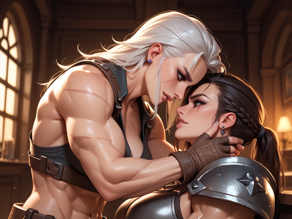 ((score_9, score_8_up, score_7_up, score_6_up), (adult, 2girls, seductive face, seductive expression), seductive, kissing, long straight black hair, hair over eye, abs, big breasts, eyepatch, red eyes, red lips, eyeliner, leather armor, midriff, underboob, Nyantcha Style, shadow, soft light, source_anime,