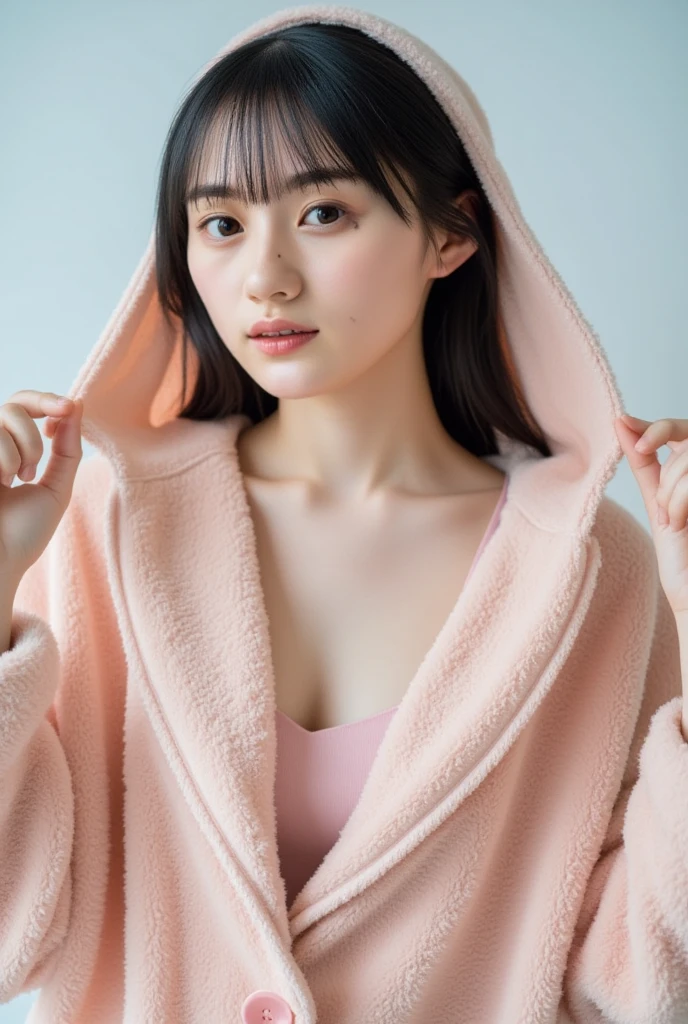 the Extremely Detailed CG Unity 8K Wallpapers、top-quality、ultra-detailliert、masterpiece、studio shoot、Full body portrait、(Light Orange and Pale Green Multicolor Fluffy Towel Fabric Hoodie:1.4), realisitic、Behind the photo、large full 、realisitic、Photo Real、extremely detailed cute girl、独奏、sixteen expression, on the beds, Brown hair, Long bob cut, dishevled hair, Floating hair、Sleeping habits、out of focus、blur、