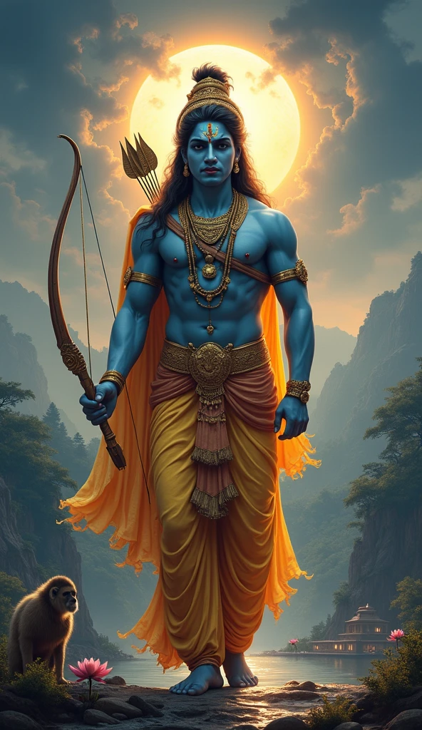 The image is a digital painting of Lord Krishna, the Hindu god of compassion, tenderness, and love. He is depicted as a blue-skinned, muscular warrior, with a large and powerful bow in his hand, and a divine aura surrounding him.