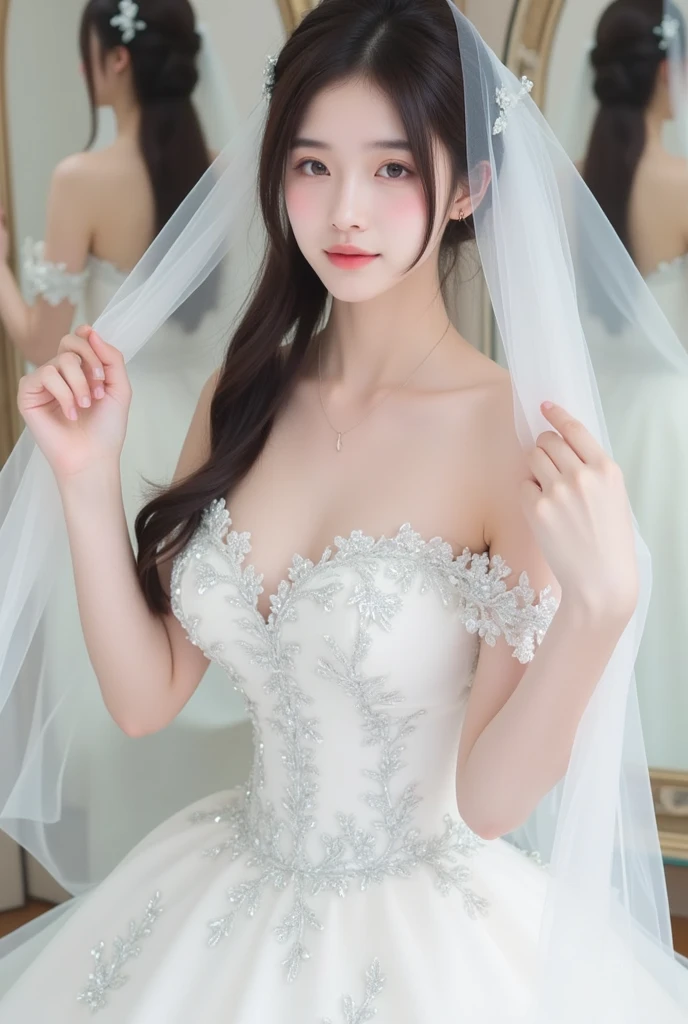 Close-up of a beautiful bride in a beautiful wedding dress, Gurvetz,( pillory:1.5), Flail on the head, Flail on the hands, Flail,(Bridal veil: 1.5), (Short transparent veil: 1.5), Flushed face, Head flower, head gear, (Tubular wedding dress: 1.5), (Silk dress: 1.2 ), (Strapless wedding dress: 1.5), Pure white dress, necklace, Earrings, (Huge breasts: 1.3), Deep V heart collar wedding dress, bangs, lipstick, (Lace gloves: 1.3), Full body photo, High detail RAW color art, a white long skirt, Whole body, with hands behind her back, and floor-length skirts,