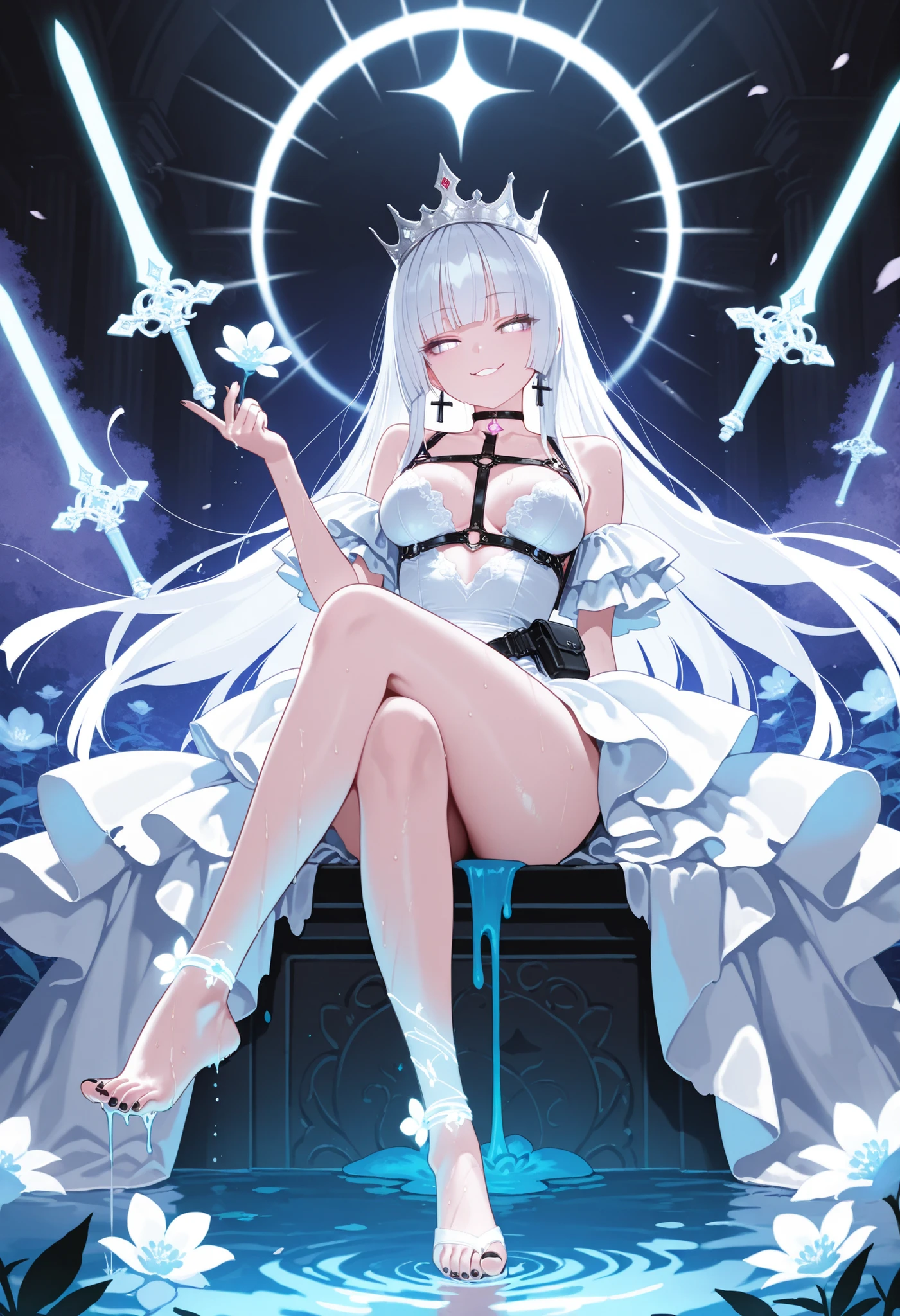 1girl, light lavender eye, jitome (0.5), white hair, blunt bangs, hime cut, Medium Breast, queen, melting clothes, melting white dress, flower pettern, Choker, black nail polish, doremi, hwansang, mx2j, masterpiece, best quality, Perfect details, perfect composition, Perfect face, Perfect hand, absurdres, newest, very aesthetic, amazing quality, highres, film grain, Focus on the character, looking at viewer, flowers, Oriental decoration, dynamic view, cute expression, harness, Utility Belt, void, wet, water, floating, grabbing, rotus, thin thread, tar, Acrobatics, water string, dramatic, white crown, nsfw, smug face, Gambler, falling glow souls, Cinematic, Magnificent, front view, joyful, madness, Dominant, Cross legs, overbearing attitude, arrogant, wet foot, Sitting on string, floating in air, conducting Gestures, White glowing musical instrument floating in the air, floating white glow swords,