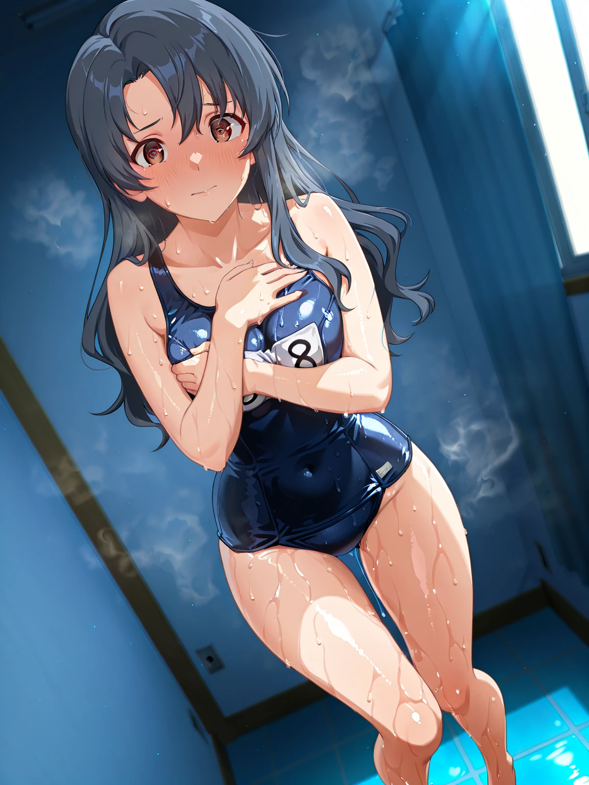 "(perfect masterpiece:1.2), (best quality:1.2), stunning face, uniform, mature and chubby, big pupil, compensate, long and luxurious eyelashes, lip whole, irresistible charisma.",Maid clothes,belly button,(((boy))),(((very short hair))),abs,side,arms raised,(((((small breastaid swimsuit,nsfw,muscle