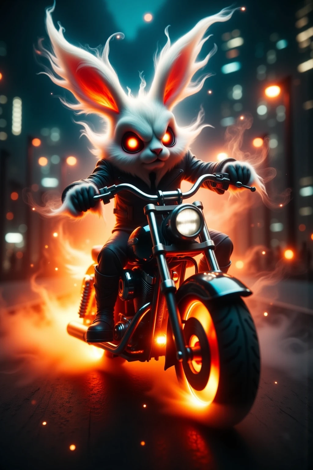 Giant Rabbit Rider Ghost Rider Rabbit on a Motorcycle, Fearful expression, Fast speed ...