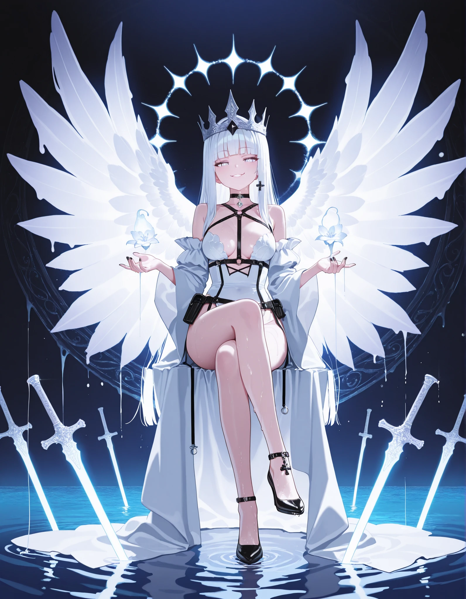 1girl, light lavender eye, jitome (0.5), white hair, blunt bangs, hime cut, Medium Breast, queen, goddess, melting clothes, melting white dress, flower pettern, Choker, black nail polish, doremi, hwansang, mx2j, masterpiece, best quality, Perfect details, perfect composition, Perfect face, Perfect hand, absurdres, newest, very aesthetic, amazing quality, highres, film grain, Focus on the character, looking at viewer, flowers, Oriental decoration, dynamic view, cute expression, harness, Utility Belt, void, wet, water, floating, grabbing, rotus, thin thread, tar, Acrobatics, water string, dramatic, floating white crown, nsfw, smug face, Gambler, falling glow souls, Cinematic, Magnificent, front view, joyful, madness, Dominant, Cross legs, overbearing attitude, arrogant, wet foot, Sitting on string, floating in air, conducting Gestures, floating White glow musical instrumen, floating white glow swords,