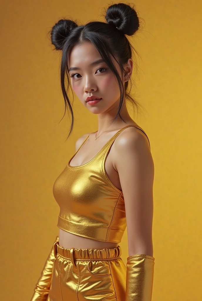 vivid,Larger breasts,((between legs)),cute,(Detailed face),cloth,Sharp Eyes,Turtleneck sleeveless lightweight(Yellow plastic)Clothes,Ultra-high resolution,(Photorealistic:1.7),Long, curly black hair,Yellow background,