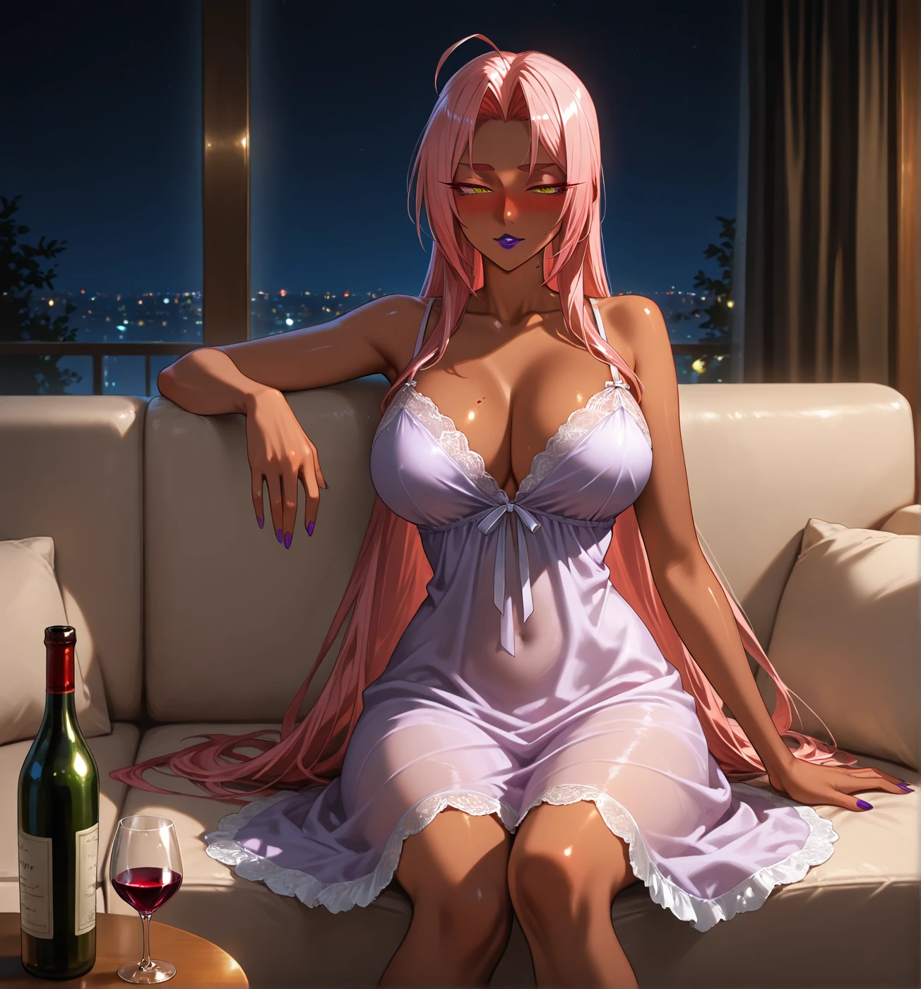 Large breasts, Cute girl, holding an alcohol glass, shiny skin, big sized breast, open neckline, white apron, sleeveless, cleavages, ultra realistic eyes , garden outside, pink cooler hair, bright green eyes, ultra realistic detailed eyes, innocent eyes, looking at camera, long hair,