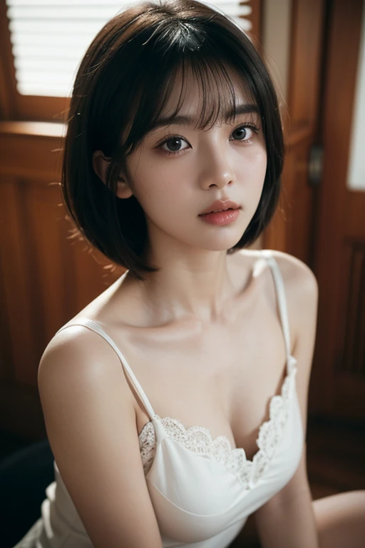 8k, Ultra-high resolution, Highest quality, masterpiece, 三分割法によるphotograph,Surreal, photograph, 1 Girl, (16 years old:1.3), pretty girl, Cute Face, Beautiful eyes in every detail, 細かくdetailedに,masterpiece,One Girl:1.2,Japanese female announcer,upper body,Serious expression,Black short hair,Bob with bangs,White lace lingerie, See through, Look forward, Standing posture, Opposition, Dynamic Lighting,Hotel room、 Sharp contours, Light from above, Low contrast, (Side view),Perfect and beautiful face ,完璧でCute Face, Skin with attention to detail, Perfect limbs、Narrow waist,Looking at the audience,(((Ideal body type))),A cup small breasts :2,Portraiture:2,Perfect Anatomy,鮮明なdetailed,detailed,Surreal,Light and shadow,stage lights