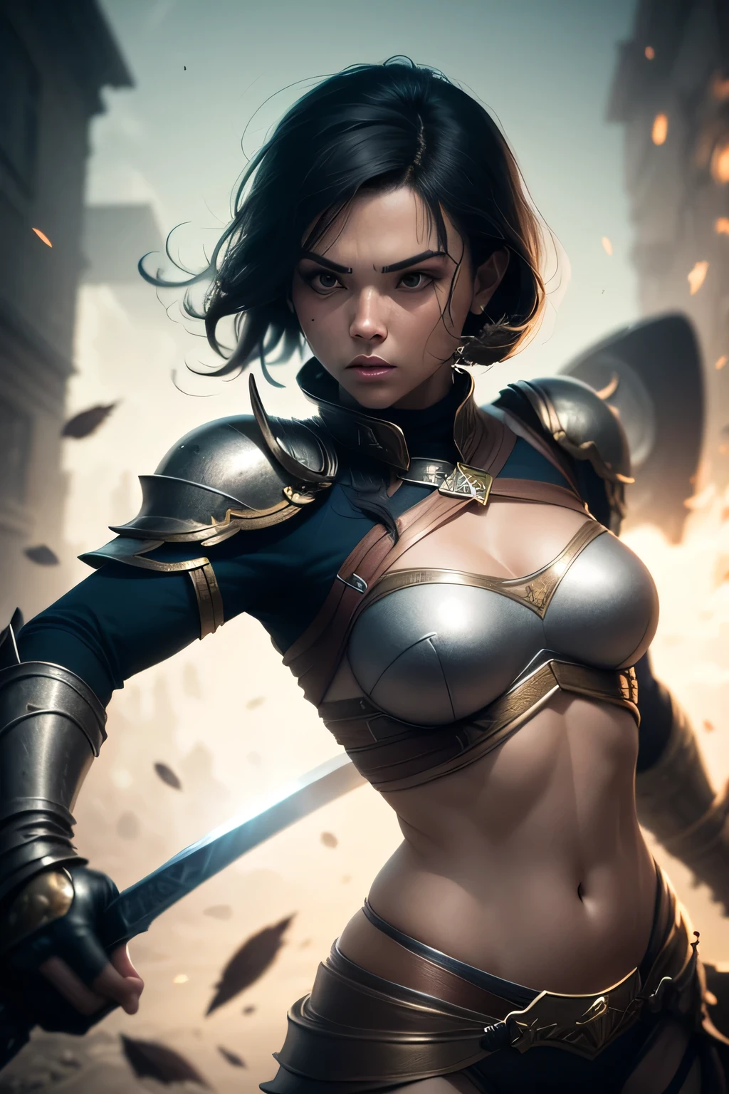 8K,realistic, 8K,1 Black Woman(like the real thing), Arahed is a woman wearing brown and black armor..,Muscular macho woman with a fearless face.,mohawk hair,brown pants and protectors,超A high resolution,surreal,real looking skin,nervous look,Cordial,Eyes on the audience,masterpiece,Photorealistic RAW photos of the highest quality。bright colors,rich colors, Backlight, cinematic lighting, film grain, to be born, 50MM lens, Nikon D850,realistic skin,fantasy art,character art,ultra high resolution,realistic scale skin,Perfect hand shape,view audience,beautiful expression,lake shore,very small breasts,thin chest plate,Close-up,In front of the big fountain,very small breasts,dynamic pose,angry expression,action pose,prepare a sword,Combat,sharp gaze,