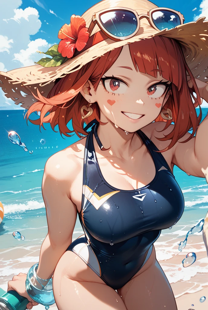 (((masterpiece,best quality,32k))) an image of a cute anime girl with medium red hair, wearing a black ornate bikini with skirt, playing with a colorful beach ball at a sunny beach. She should have big, sparkling eyes and a joyful expression, with the ocean waves and a clear blue sky in the background. ((medium red hair)), ((beach ball)), ((sunny beach)), ((ocean waves)), [clear blue sky]