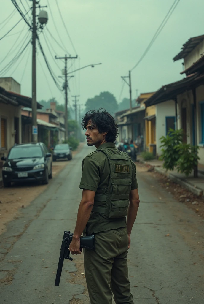 Create a scene of a brunette boy facing the streets of Rio de Janeiro with a cardeneta in his hand and a rifle on the side and in the background a house exploding --auto --s2