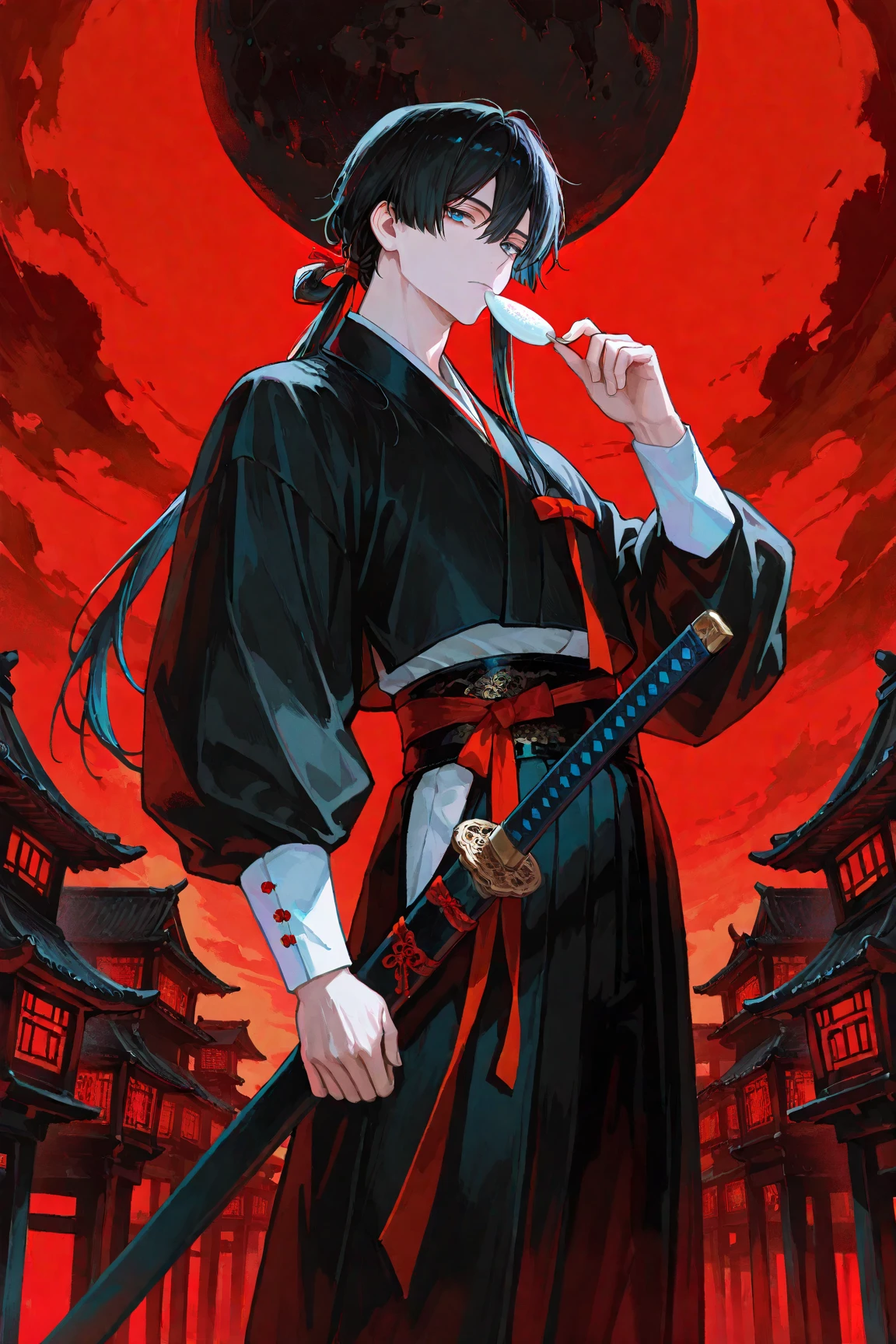 A man, Holding a black scythe,It is decorated with Japanese symbols of death., Black flames burst from the decoration, The edge of the scythe comes out of it,The black wind brings the ghost of the skull, Best for face and sickle Judy The man wears the right sickle steel suit, This man has black hair., Man is the embodiment of death, (CG 8k module with very detailed background) (best quality), (Best Illustration), (Best color tone), Very detailed
