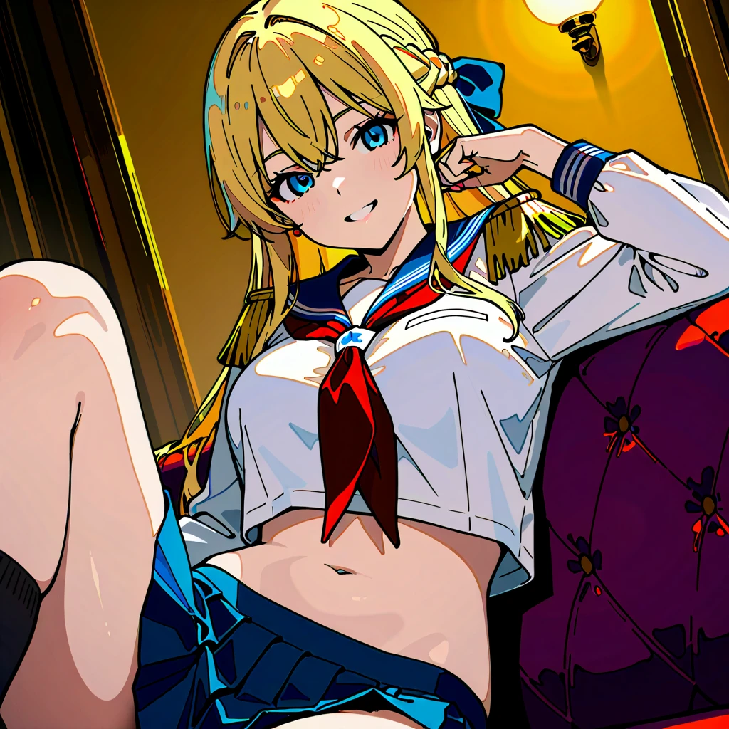 aikatsu,ihoshimiya,blonde_hair,red_hair_band,(masterpiece:1.2, highest quality), Ultra-detailed illustrations, perfect anatomy, alone, 1 female, big_chest,school uniform,(Upper body:1.3),open your mouth, embarrassing ,red面,(spread your legs:1.3),(raise your legs),(camel toe:1.3),