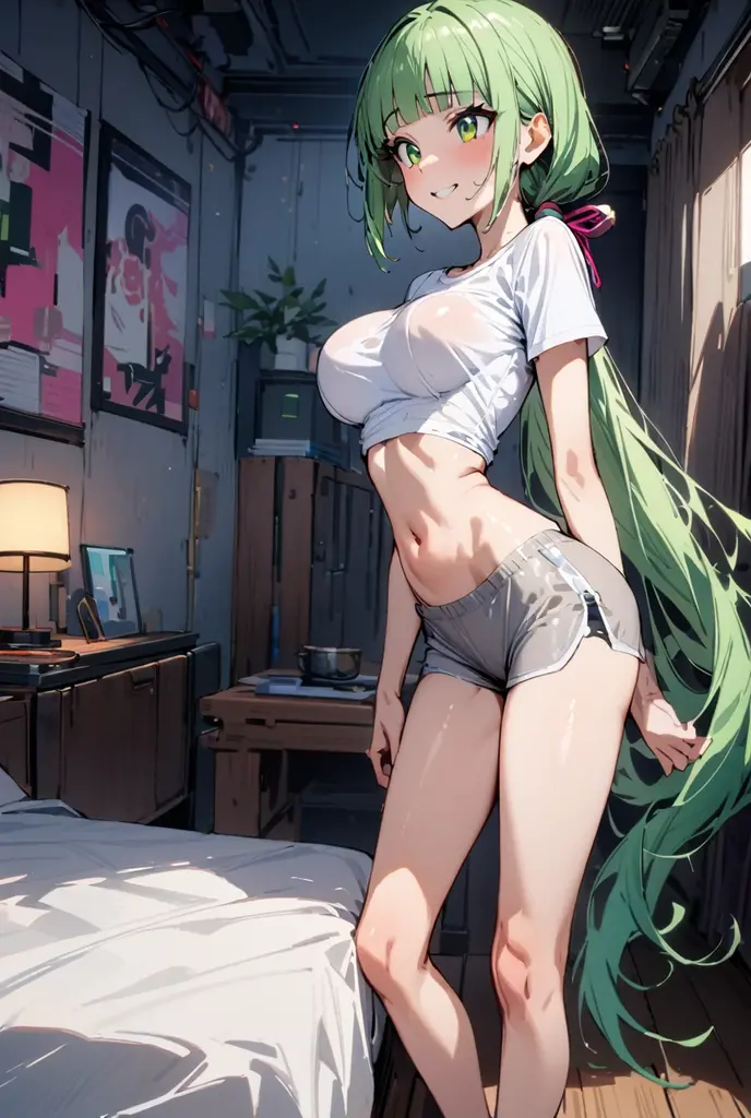 ((masterpiece,Highest quality:1.3)),nsfw,Female masturbation、1woman,30 year old beauty,独奏,((very small head:1.3)),green hair,(low ponytail),long hair,blunt bangs,green eyes,gorgeous eyes,shy,drooling,medium breasts,((very long body:1.2)),((toned body,slender body,skinny)),gleaming skin,shiny skin,(White tight T-shirt、navel、Grey wet shorts)、barefoot、sitting,spread legs:1.3,egg type vibrator,Simple bedroom、cyber punk、World of Blade Runner、