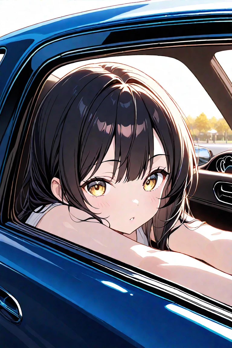 (((masterpiece))),(((High resolution)))、Beautiful office lady wearing black sleeveless sweater and pencil skirt, Looking at the camera, ((Top quality eyes)), Detailed face, ((Detailed Texture)), ??????, in the car driver’s seat