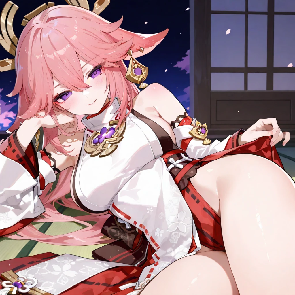 _asura style, breasts, yae miko, japanise clothes, anal sex, ass focus, huge penis, 1girl, 1boy, hetero, cleavage, long_hair, navel, large_breasts, blush, thighs, wet