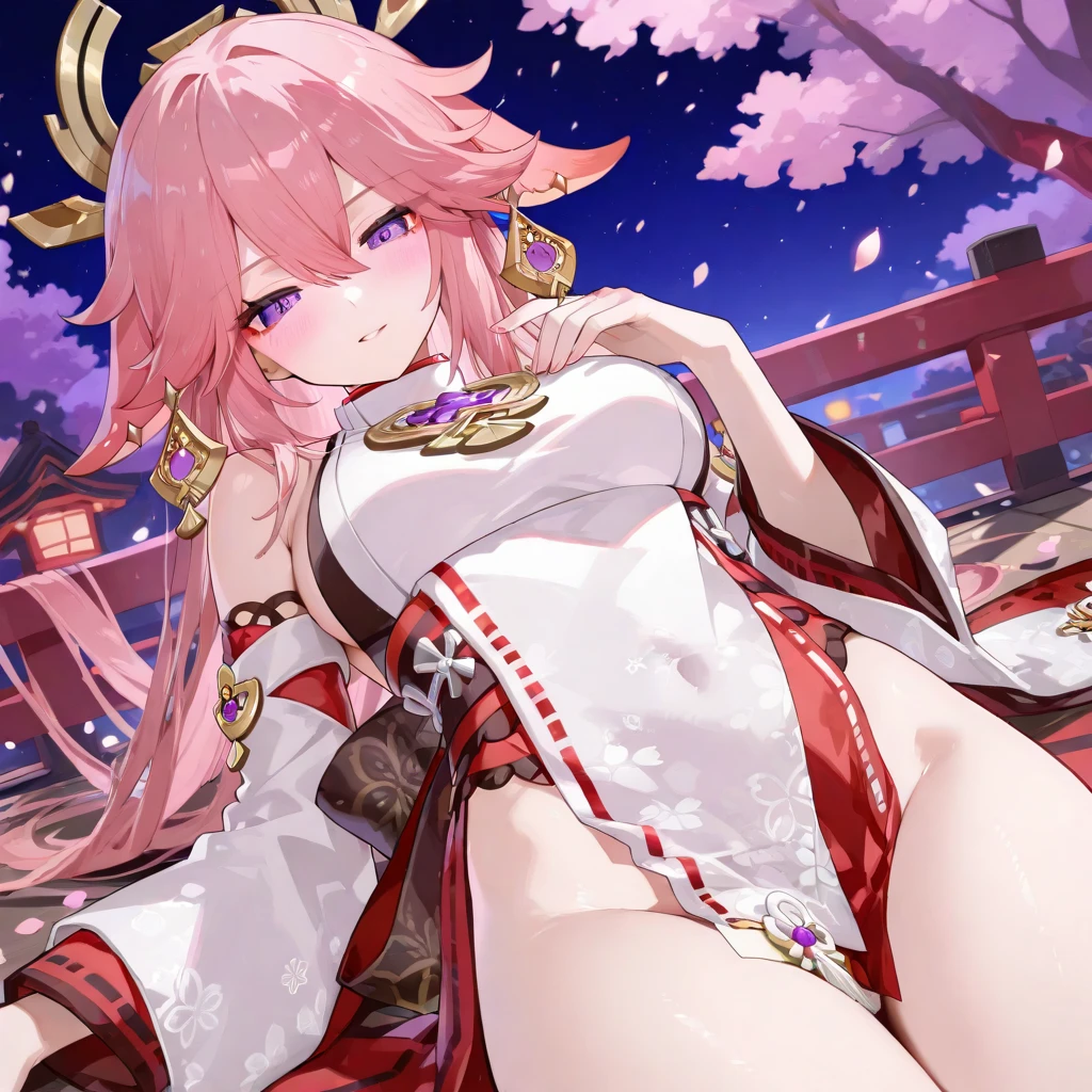 1 girl, (Ulzzang-6500:0.7), K-POP idol, yae miko, bikini, removed sleeve, bare shoulders, pink hair, long hair, bikini, highest quality, (painting:1.5), (hair ornaments:1.35), jewelry, purple eyes, earrings, chest, torii, cherry blossoms, lantern light, Depth of the bounds written, detailed face, face focus, ribbon_trim, (looking at the viewer:1.25), non-traditional shrine maiden, shiny skin, long sleeve, smile, thick lips, game CG, put your hand on your lips, east asian architecture, (blurred background:1.2), sitting, Upper body, bikini
