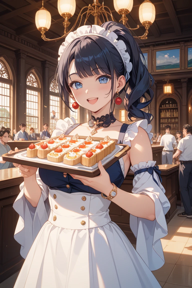 8K, HDR, masterpiece, best quality, pictures on left top windows
1woman, very good body, sexy, seductive position, light brown hair and eyes, smile, bangs, navy short dress, black stocking, show cleavage, big breast, braid, dark brown hair, cowboy shot, dress, hair between eyes, navy blue eyes, long hair, Stewardess Hat, long sleeves, looking at viewer, shirt, solo, twin braids, navy blue shirt,
indoor , (((many desserts, cakes, cup cakes, colorful desserts, juice, drinks, flowers))), window view: ((Luxury Cruise Ship, dock, some stone rock on sea, sunset, clouds, mountain, birds, ultra-deatiled background))