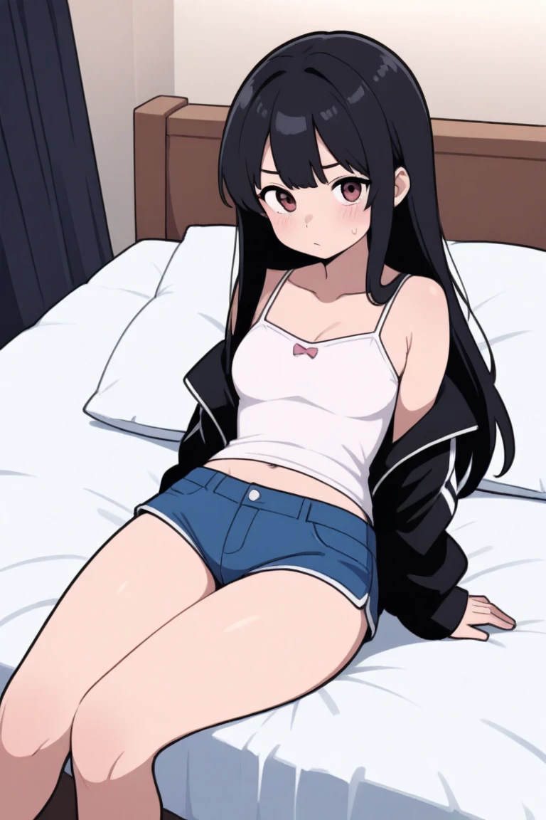 Girl with long black hair, lying on a bed, opening your legs towards the camera, using your hand to cover your white panties