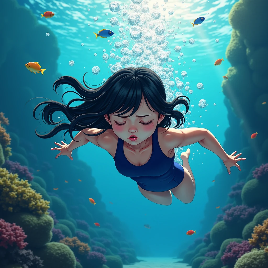 "Create a cartoon-style illustration/manga with characters of juvenile proportions and exaggerated expressions. Use a vibrant, saturated color palette. Characters must have clean, well-defined lines, with soft shadows and light gradients. The background should be moderately detailed with natural elements, such as water and aquatic plants, that complement the scene without overloading the characters. Add light effects, reflections and bubbles to capture the feeling of a dynamic underwater environment.