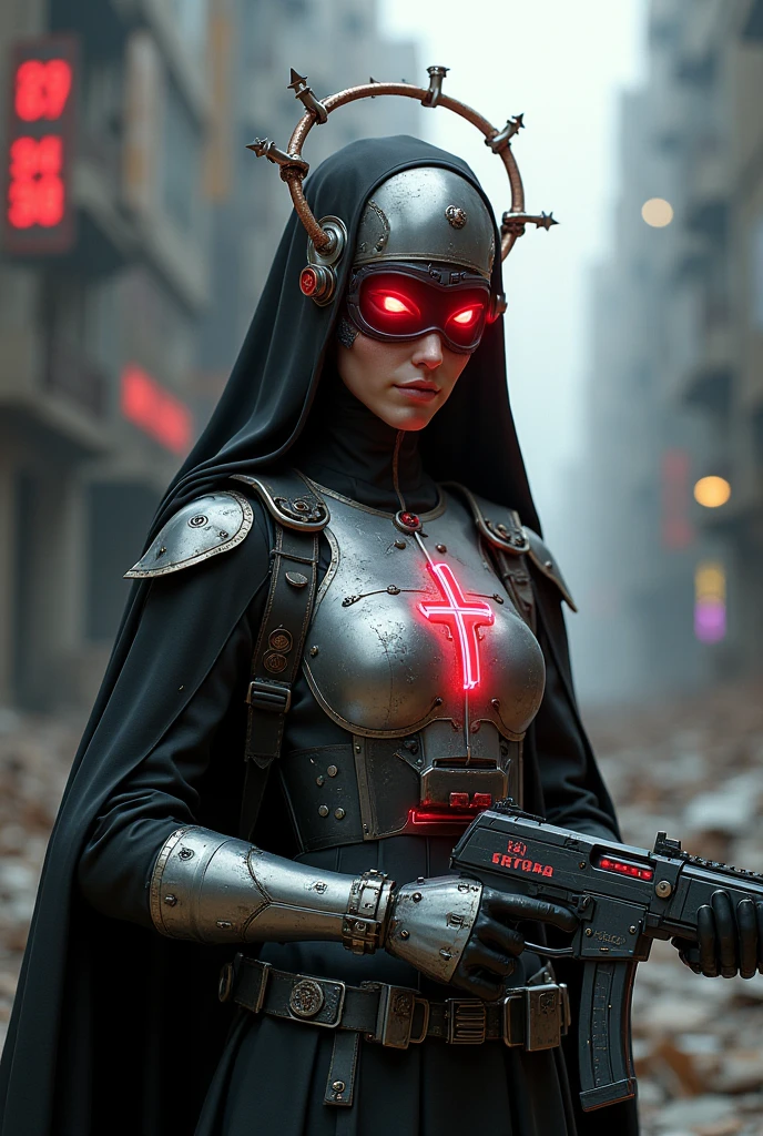 absurdres, weird atmosphere, (best quality:1.1), (masterpiece:1.2), high quality shadow, beautiful detailed, connected to lots of wires and cables, looking up, (high detailed skin, skin details), (wide landscape, 8k), depth of field, highres, best illumination, dress, blood drops in head, nun, tactical nun, unholy, science fiction, android, cable, mechanical arms, cables, dynamic, cyberpunk, cyberpunk mask, black wings, (blood vessels connected to tubes), crying, <lora:biomanic:0.8> <lora:LowRa:0.5>