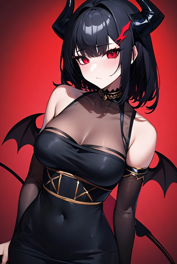 seductive naked lady with ample bosom and wearing slutty latex bodysuit, devil horns, black color scheme, black hair, blue eyes, smirk, standing