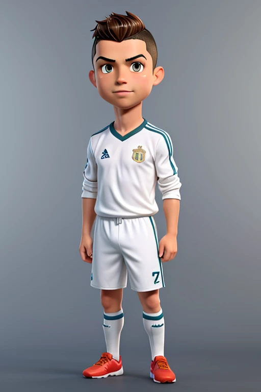 Crate a 3d image of a young boy with real madrid Jersey and shorts adit name on his back of shirt standing casually on ground
