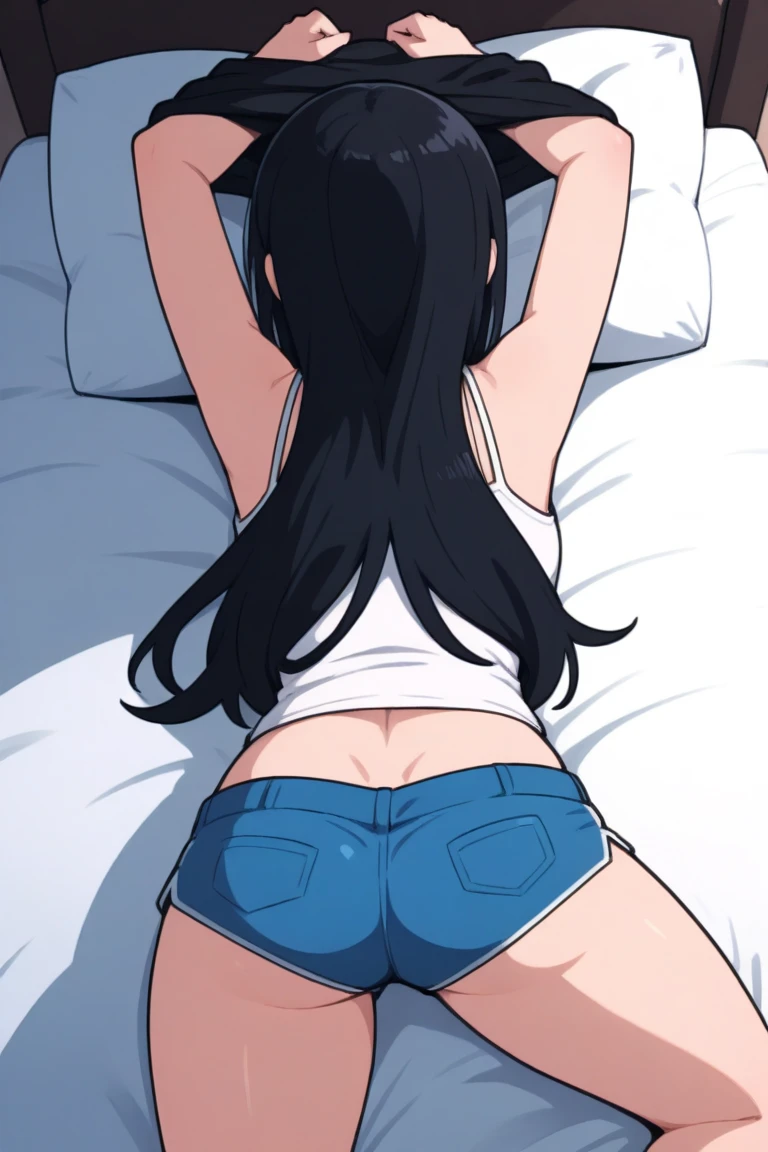 absurdres, ultra detailed, high resolution, 1girl, from behind, lying on bed, posed photo, wide-angle photo, perfect anatomy, big ass, (buruma), gym uniform, white t-shirts, gigantic breasts, Tougou_mimori, long hair, light blue eyes, black hair, ribbon, naughty smile, embarrassed look, anime, anime screencap,