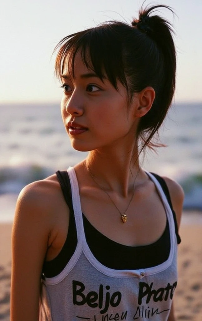 analog film photo, photo of a volleyball player, female, amber eyes, ponytail with shaggy bangs, tan complexion, Japanese ethnicity, beautiful face, natural beauty, sharp facial features, Amazonian stature, toned hourglass figure, muscular, busty bosom, full wide hips, plump round buttocks, wearing an athletic top and spandex shorts, bent at the waist, sweaty skin, damp clothes, RAW Photograph, dslr, soft lighting, high quality, film grain, Fujifilm XT3, detailed skin with visible pores, insane details, masterpiece, 8k, 35mm photograph, dslr, kodachrome, faded film, desaturated, grainy, vintage, Lomography, stained, highly detailed, found footage, full-body shot
