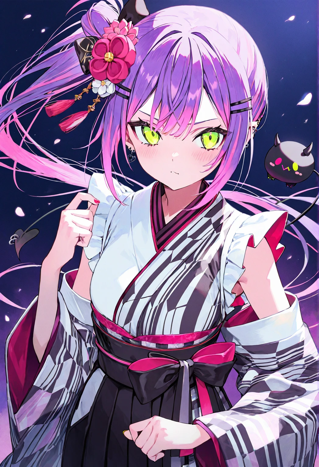 masterpiece, best quality, super fine illustration, perfect anatomy, perfect eyes, correct anatomy, perfect proportion, perfect face, perfect hands, perfect legs, perfect fingers, perfect hands, professional lighting, best quality, ultra detailed, extremely delicate and beautiful, 4k, 8k,,1girl, fox girl, (((multicolored hair:1.2)(white 1.2)(purple 1.2), fox ears, long Hime hair, fox tail, black kimono with flowers ,umbrella, fishnet, SHY expression, perfect ribbon, Skull accessories, mesmerizing eyes, mesmerizing lavender eyes, close up ,fit to frame, solid green background, , cyber fox ears, cyber fox tail, cute face, gothic cross ear rings, black dress, purple hair and black hair, layered hair, black skirt, fishnet stockings, lavender eyes, green background