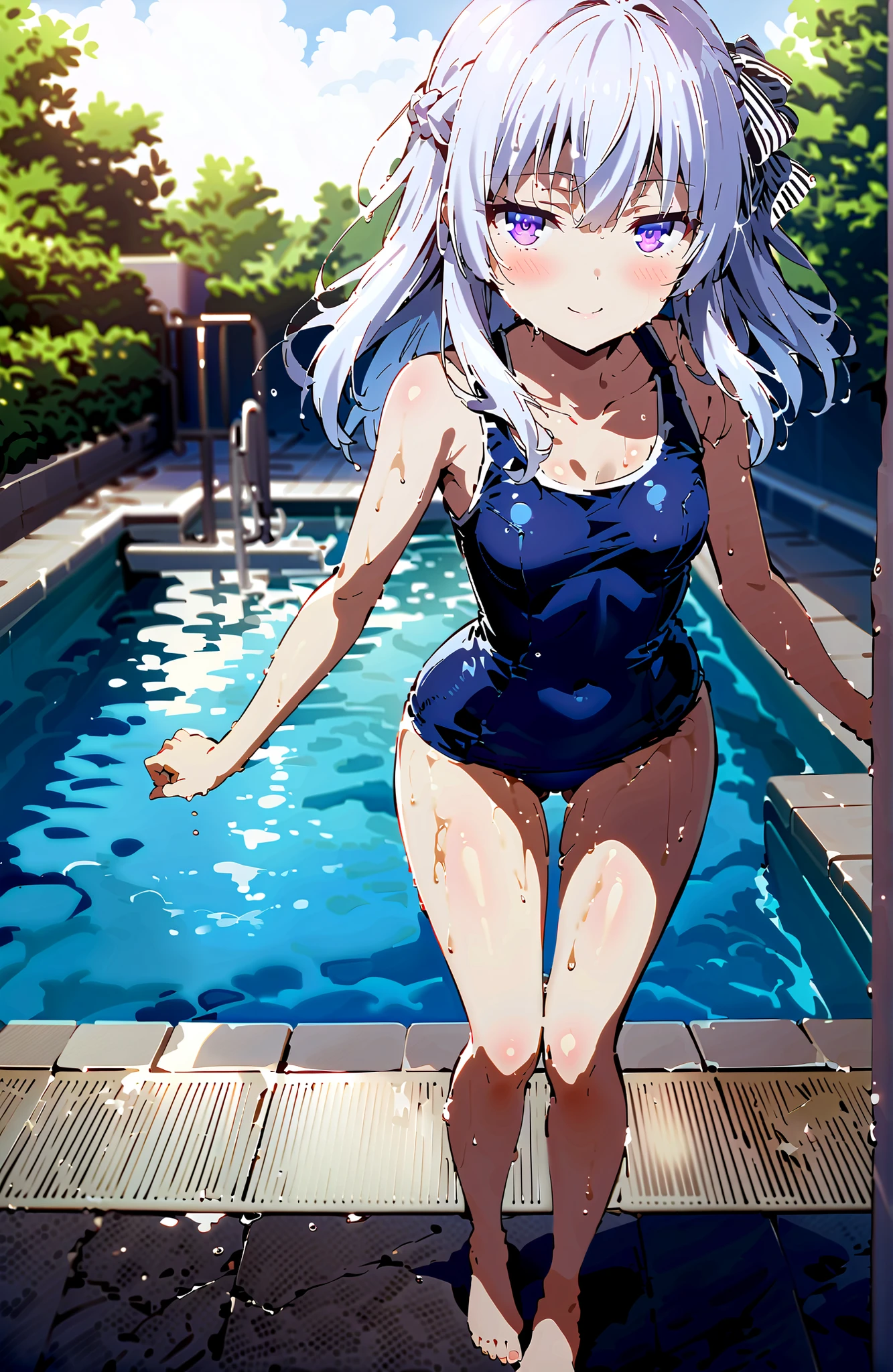  score_9, score_8_up, score_7_up, source_anime,Sakayanagi Alice, long hair, solo,bungs, PURPLE EYES, white hair, blunt bungs,
old school swimsuit, school swimsuit, blue one-piece swimsuit, one-piece swimsuit, swimsuit, Belly button cover, wet swimsuit, clavicle, wet skin,wet hair,scatters,Submersion,smile,blush,Glowing Skin,mouth,noon,schools, Beautiful Streetscapes,standing,in their 40s outdoors,schools, pool,
in their 40s looking at viewer,full body,
in their 40s (masterpiece:1.2), best quality, high resolution, Unity 8k 壁紙, (illustrations:0.8), (beautiful detailed eyes:1.6), very detailed face,  perfect lighting on the table, extremely detailed CG, (perfect hand, perfect anatomy),